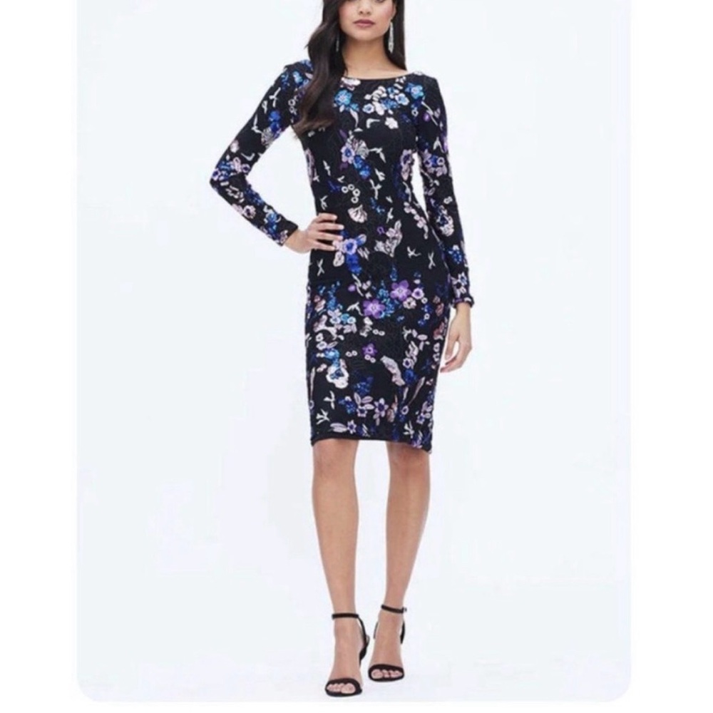 DRESS THE POPULATION Emery Floral Embellished Long Sleeve knee length Dress